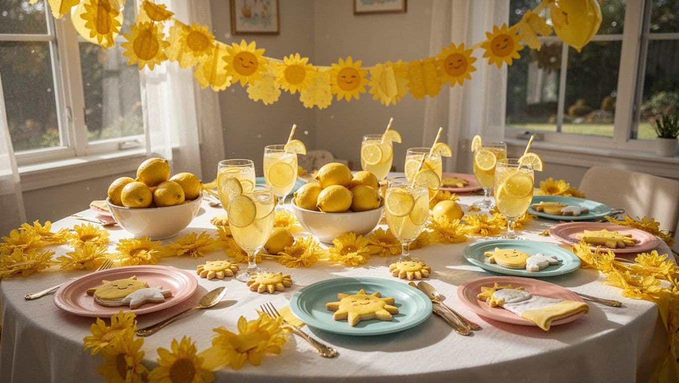 A festive party table features bright yellow paper garlands, bowls brimming with fresh lemons, and citrus-infused beverages. Sun-shaped cookies sit neatly on white plates, illuminated by warm, glowing morning light.