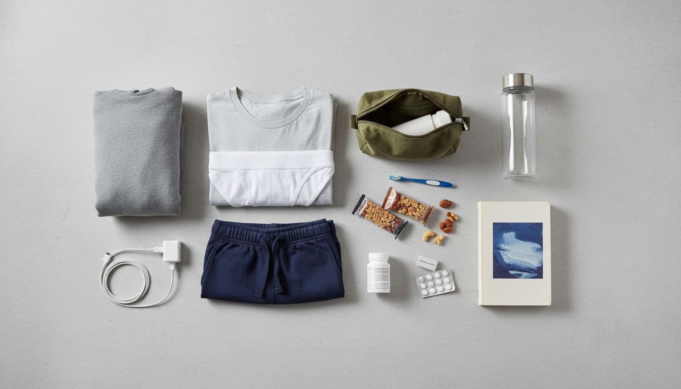 Compact top-down flat lay of exactly 10 essential items for a support person's hospital bag, including folded clothes, toiletries, snacks, water bottle, charger, medications, book, and hoodie on a neutral surface with soft natural lighting.