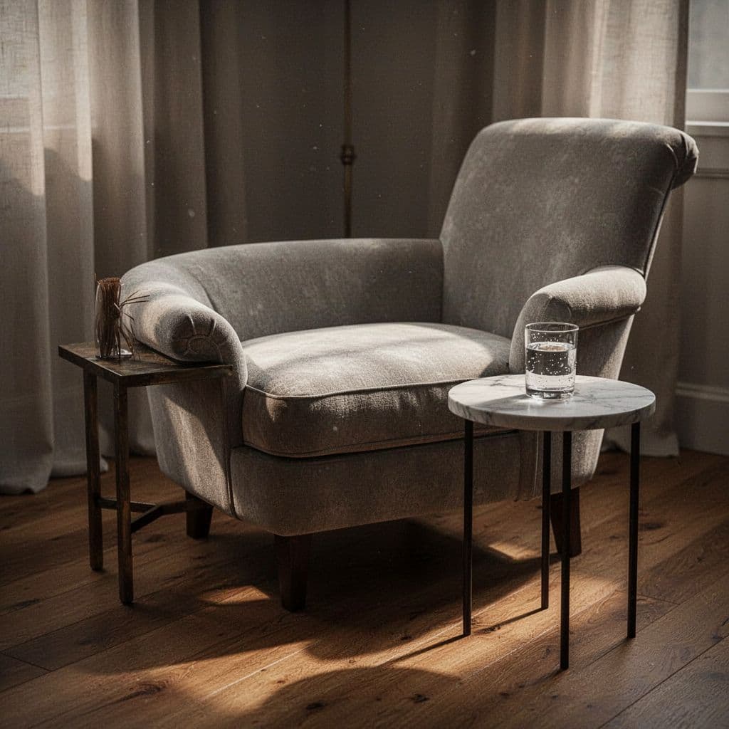 A plush armchair sits beside a dark wooden side table topped with a clear glass of water. Soft ambient lighting creates a peaceful, private atmosphere designed for rest and quiet conversation.