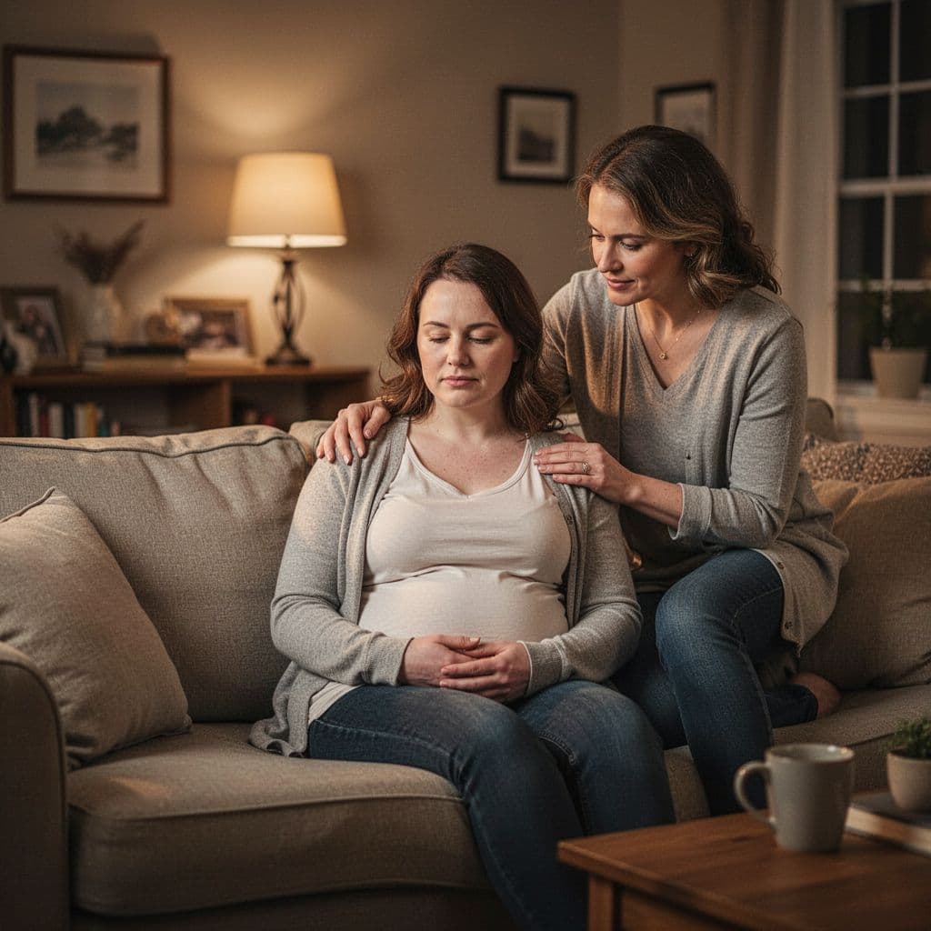 A compassionate friend places a hand gently on the shoulder of a new mother resting on a couch. The cozy living room features soft, golden lighting that highlights their tranquil moment.