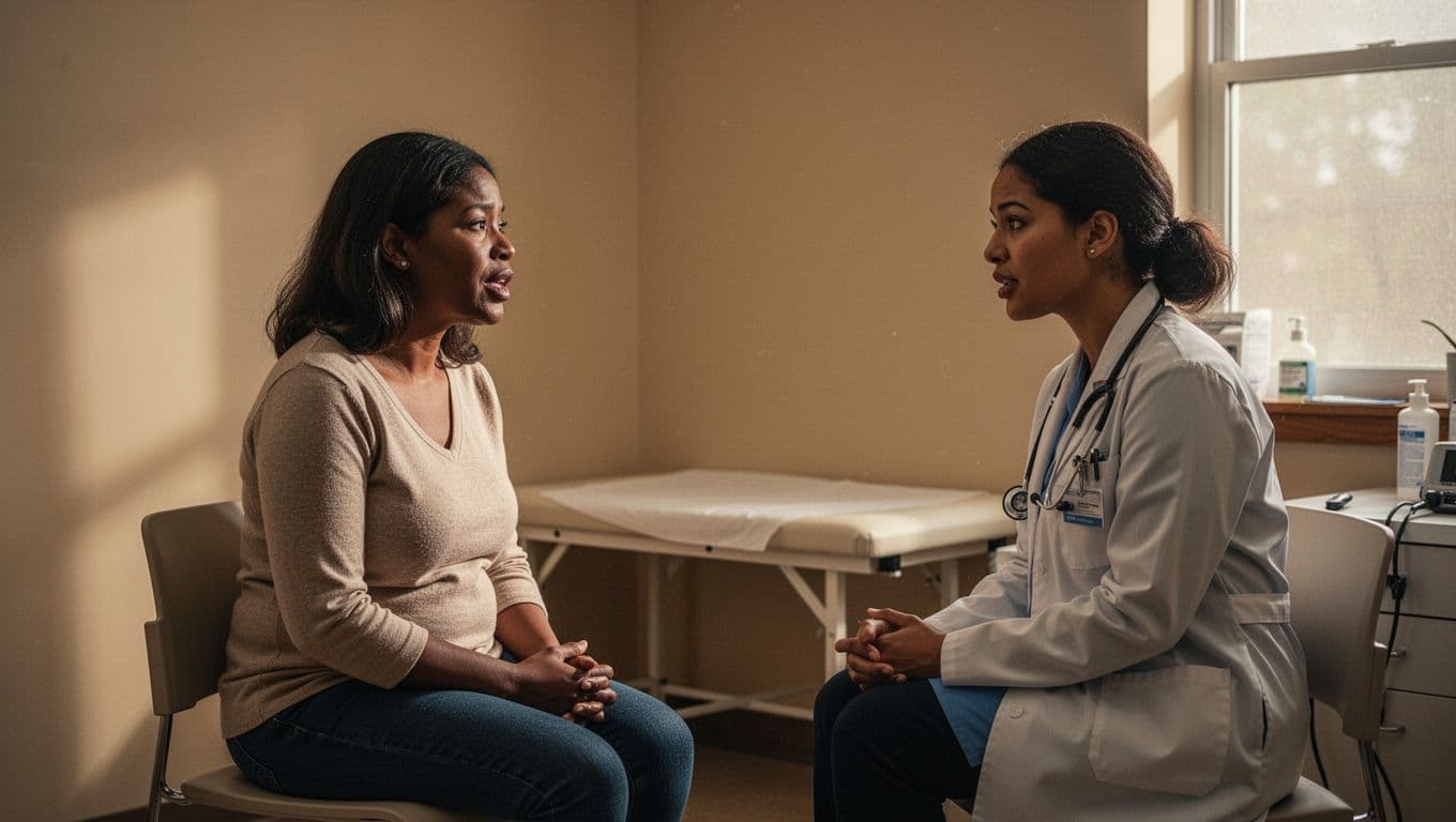 A new mother sits in a softly lit clinical office, sharing her concerns with a focused healthcare provider. Warm ambient lighting creates a calm, empathetic atmosphere for their open health discussion.