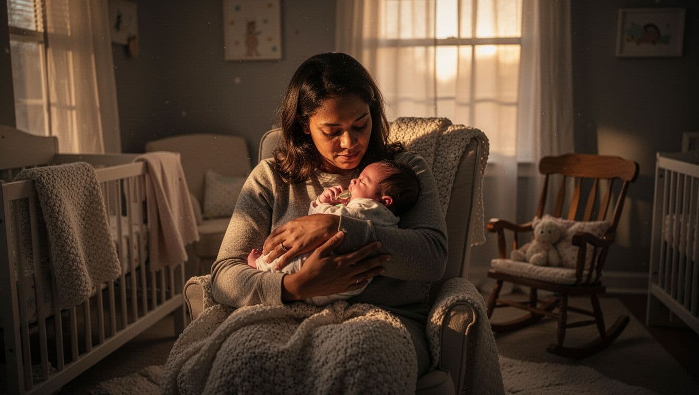 A parent cradles a newborn in a cozy nursery, providing stable support for feeding. Golden hour light glows softly on them, highlighting the gentle interaction and the peaceful, dim room atmosphere.