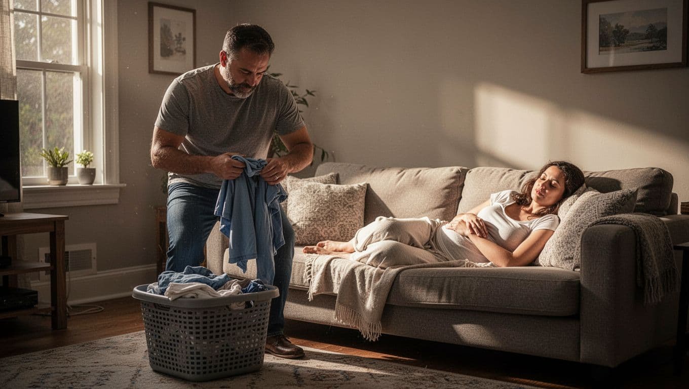 A man carefully folds clean clothes from a woven basket in a cozy living room. Nearby, a new mother rests comfortably on a plush sofa, bathed in the room's warm, cinematic glow.
