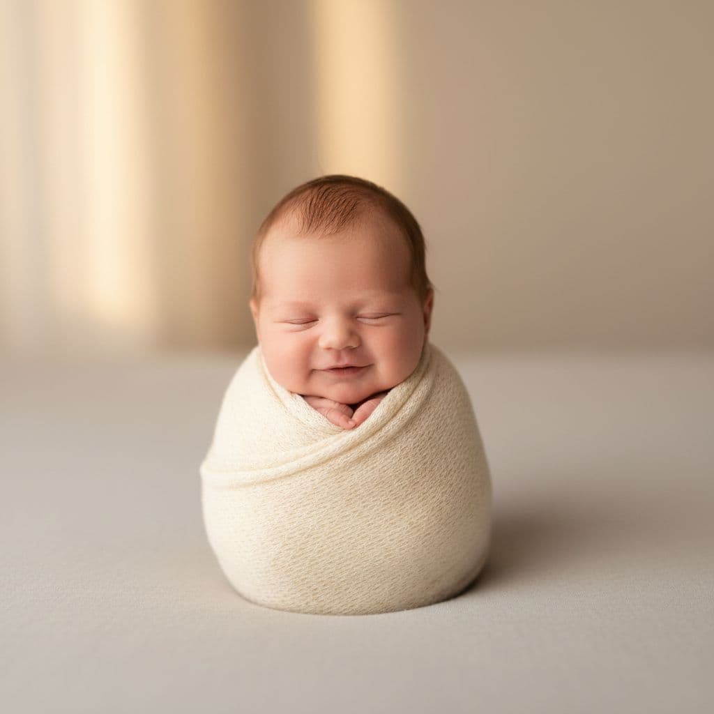 Newborn baby swaddled in light-colored blanket rests on clean surface.