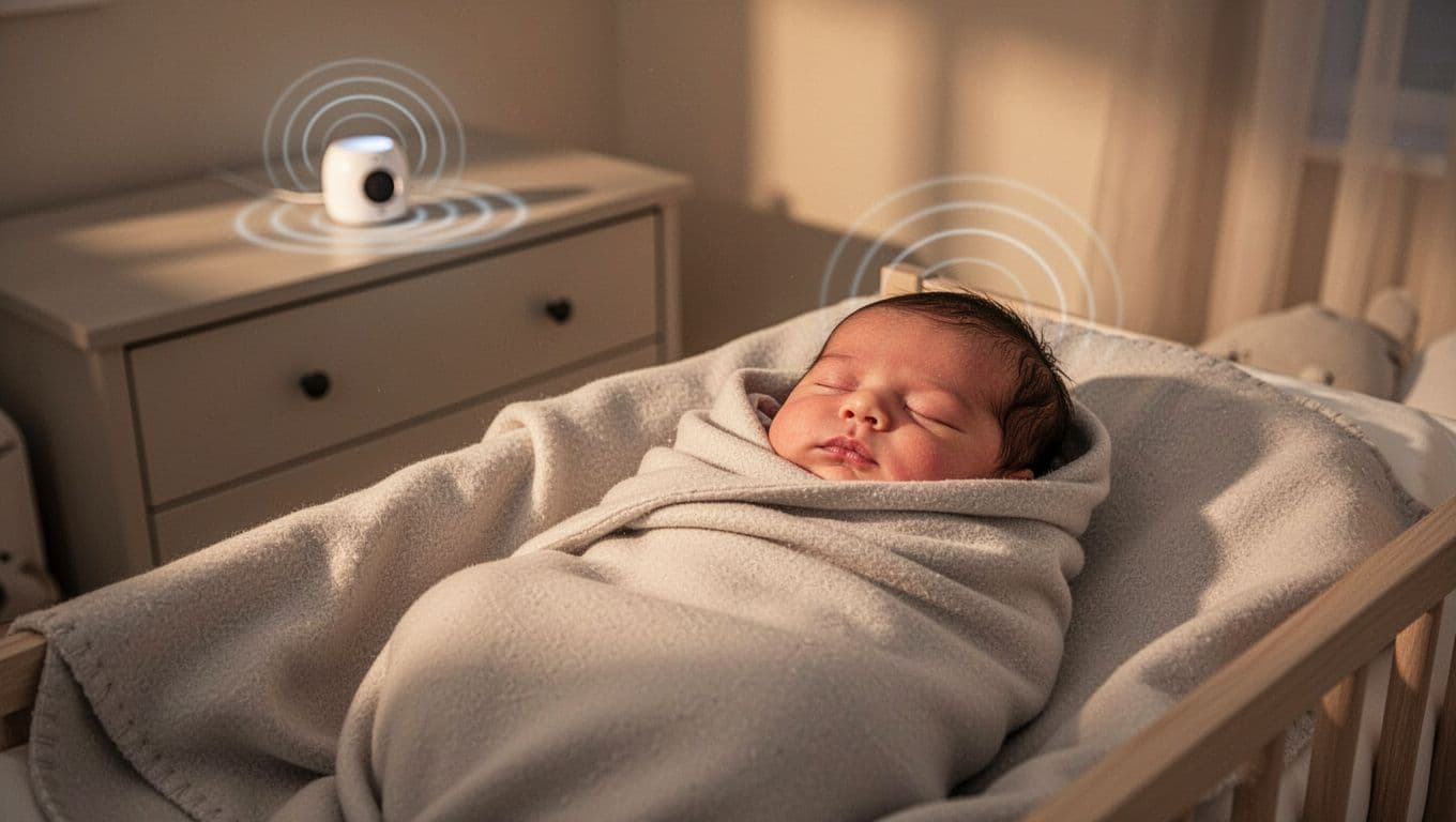 Newborn baby snugly swaddled in a light blanket sleeps peacefully in a dimly lit nursery with a white noise machine on the dresser emitting subtle sound waves.