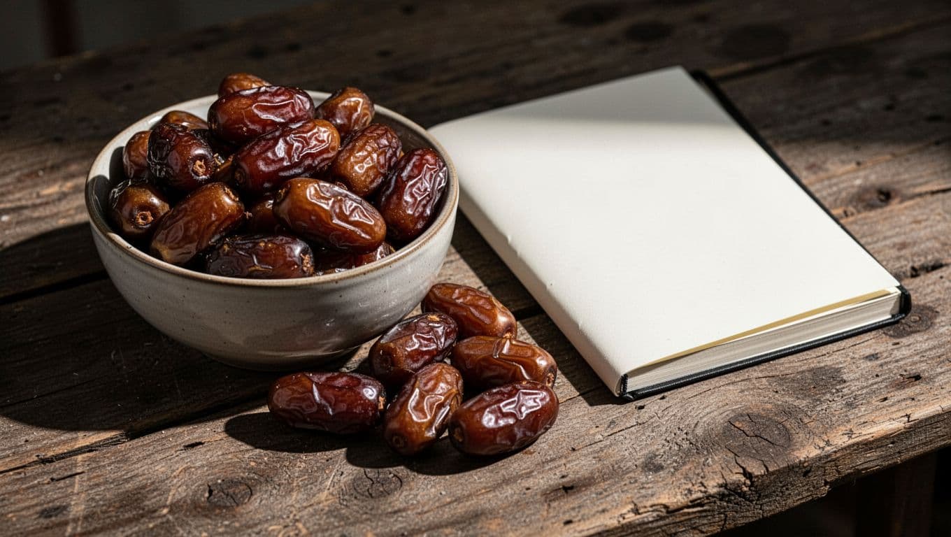 A dark wooden table displays a ceramic bowl overflowing with sticky, brown dates beside a small leather-bound health tracker. Cinematic side lighting casts dramatic, deep shadows across the textured wood surface.