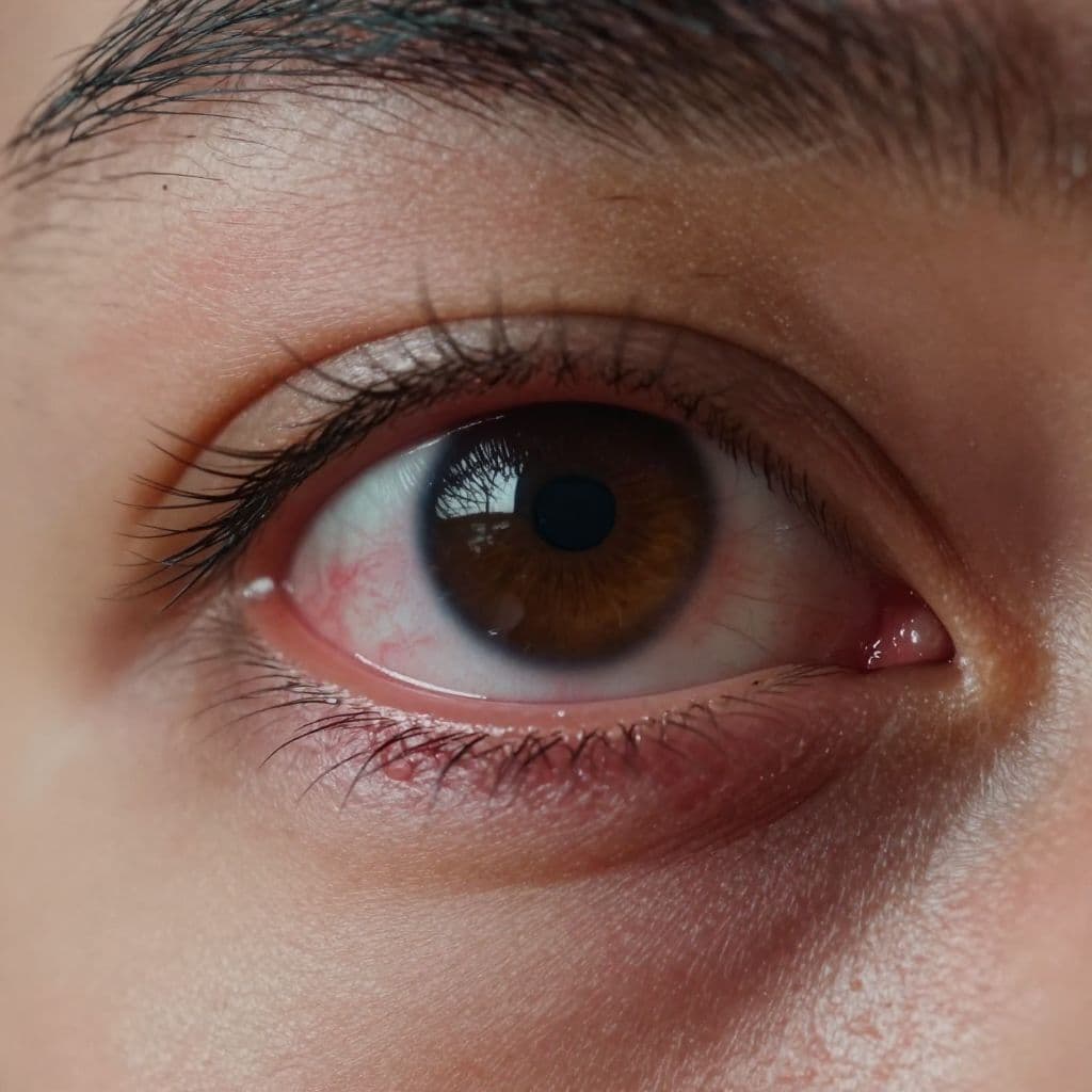 A close-up view of a human eye shows visible red blood vessels along the waterline and slight inflammation. Long, delicate lashes frame the iris under dramatic, moody lighting with deep shadows.