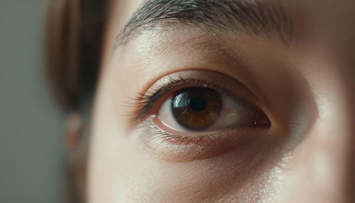 A detailed macro view of an eye showing yellowish crusting and sticky discharge along the lash line. Soft natural lighting emphasizes the texture and buildup against the skin surface.