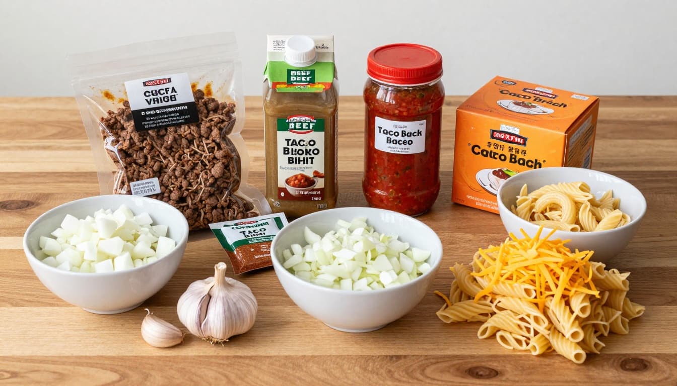 Top-down view of ground beef, diced onion, garlic, taco seasoning, beef broth, salsa, rotini pasta, and cheddar cheese on wooden table.