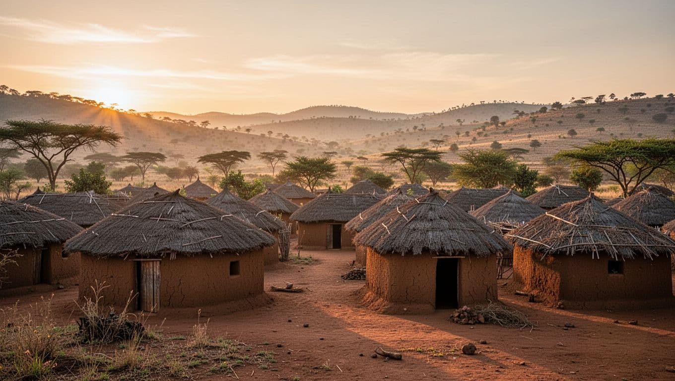 Soft morning light illuminates a cluster of traditional mud-brick dwellings in a quiet Tanzanian village. Golden rays crest over the distant hills, highlighting the textured earthen walls and thatched grass roofs.