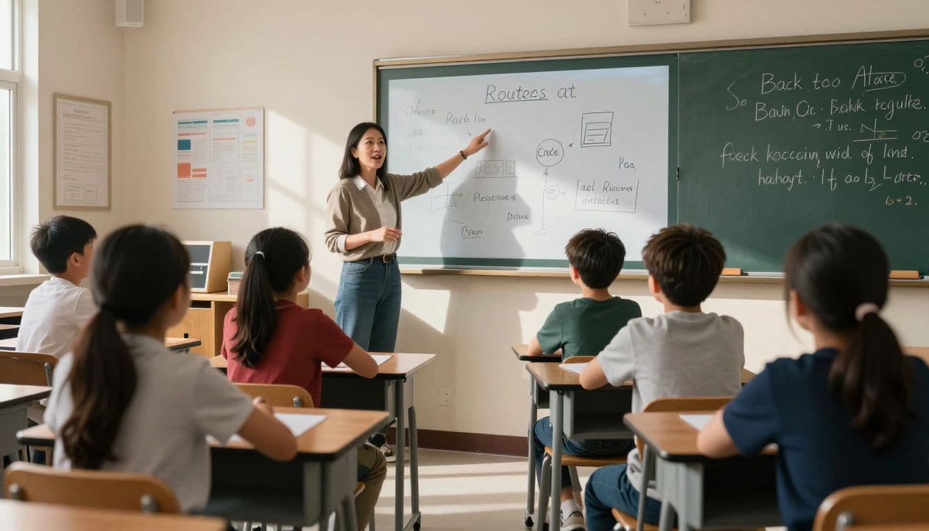 A teacher stands before a bright classroom, gesturing toward an empty board as five students sit at their desks watching intently. The room is tidy, orderly, and filled with golden sunlight.