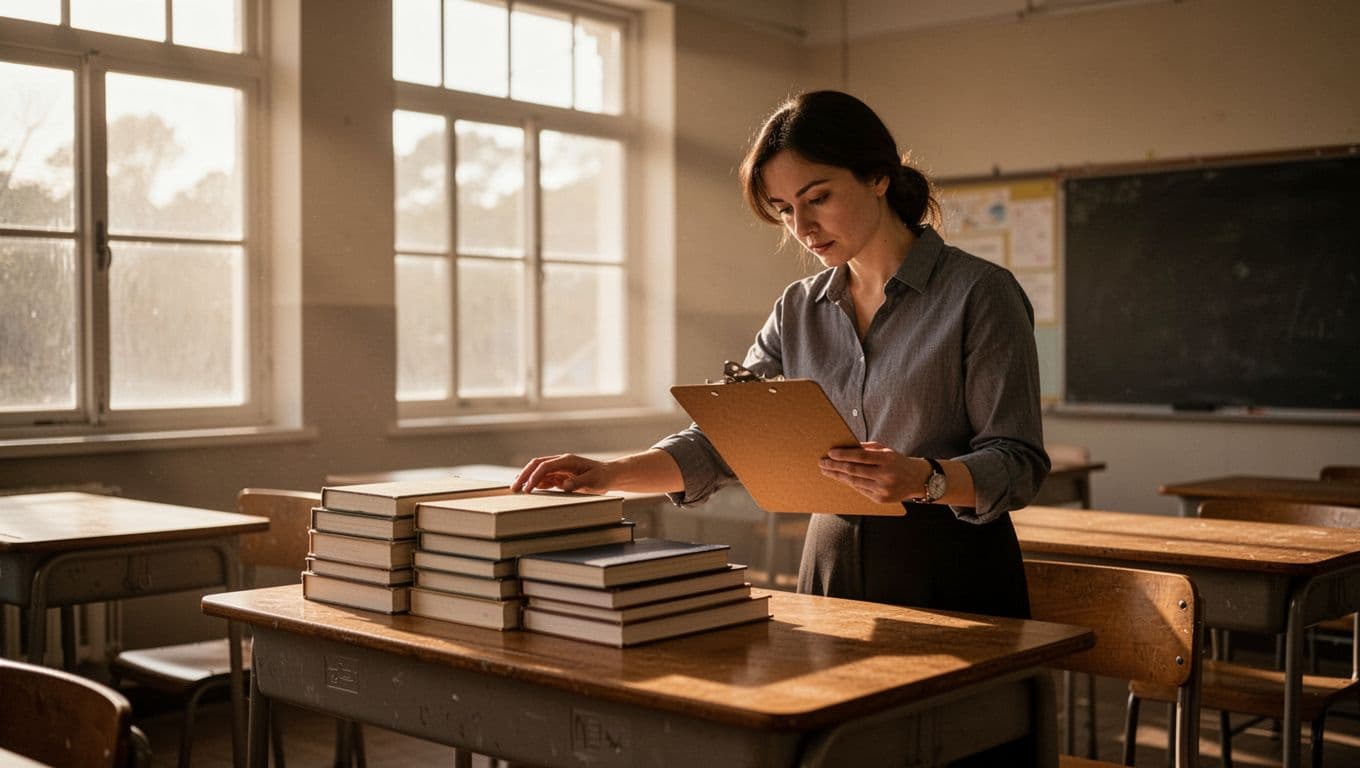 A teacher stands at a wooden desk arranging organized stacks of textbooks and holding a clipboard. Warm sunlight streams across the quiet room, casting soft shadows over the clean, empty desks.