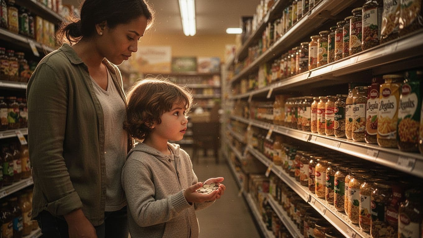 A parent stands beside their young child in a supermarket aisle, watching as the toddler holds silver coins while observing colorful products. Dramatic warm light highlights their focused interaction and engagement.