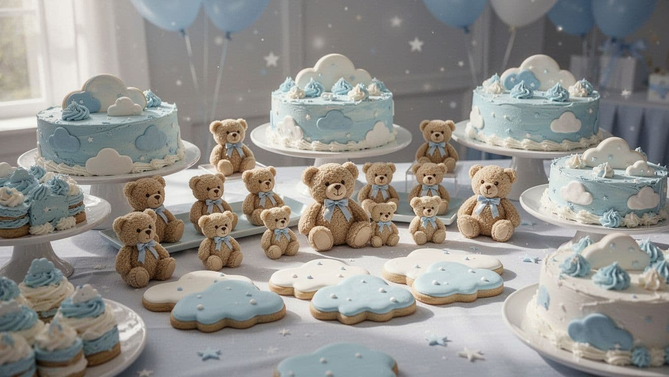 A curated dessert display features plush teddy bears nestled among cloud-shaped sugar cookies and pastel blue cakes. Soft ambient lighting illuminates the whimsical arrangement on a draped, elegant party table.