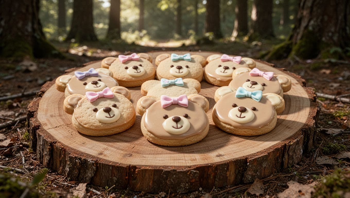 Small sugar cookies shaped like teddy bear faces sit on a rustic wooden surface. Each cookie features cream-colored icing and a tiny decorative bow, arranged amidst a soft, woodland-themed table setting.