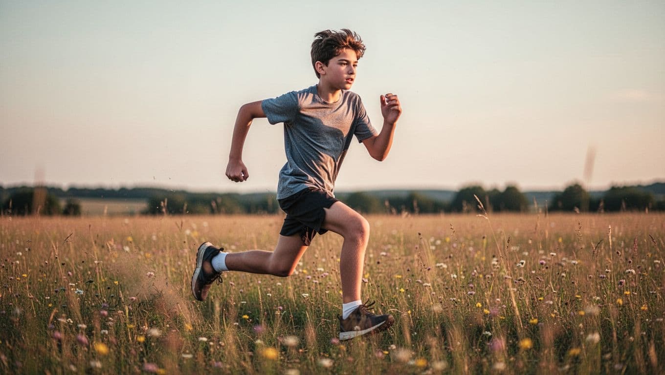 An active teenager moves energetically through a sun-drenched park during the golden hour. The soft light emphasizes healthy skin textures while the blurred green background highlights a vibrant, wellness-focused lifestyle.