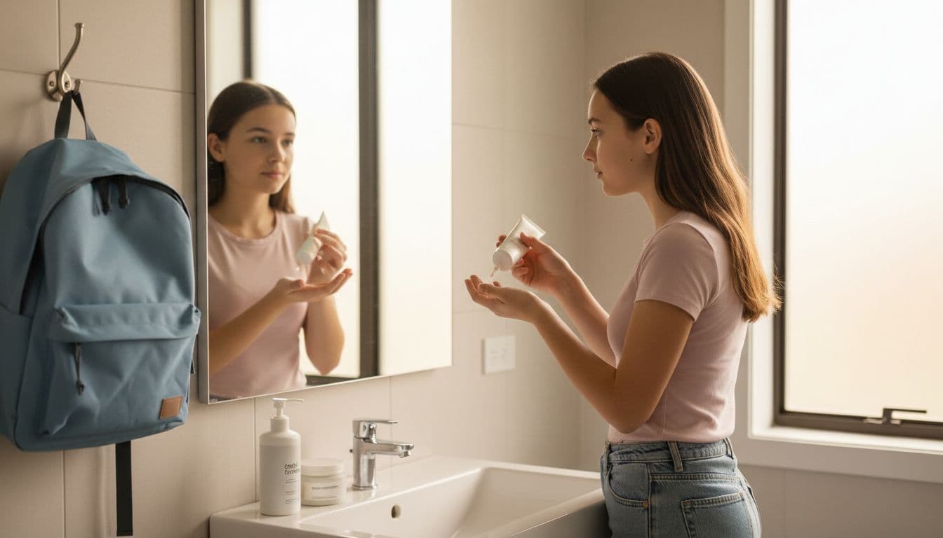 A 15-year-old girl with clear skin stands in a bright cozy bathroom, applying sunscreen from a tube to her face while looking in the mirror. School backpack hangs on a hook, with gentle cleanser and moisturizer on the white sink counter, morning sunlight through the window.