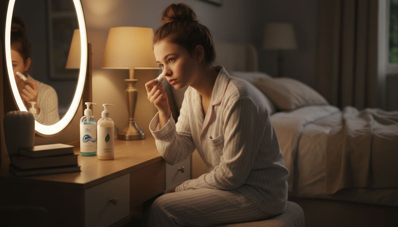 A teenage girl in pajamas sits at her bedroom vanity mirror at night, dabbing spot treatment from a tube onto a cheek pimple with her fingertip, with cleanser and moisturizer nearby on the surface under soft warm bedside lamp lighting in a realistic calm lifestyle photo.