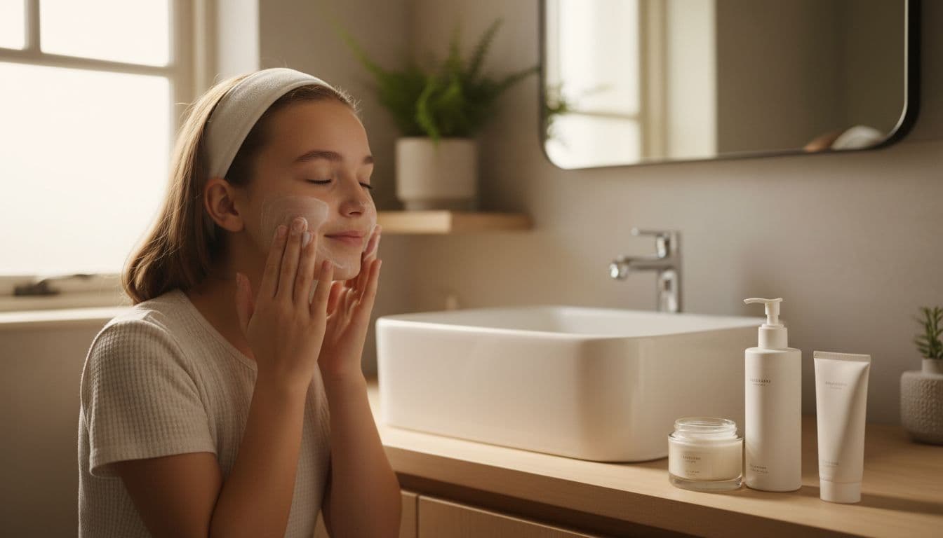 A 16-year-old teenage girl with fresh clear skin gently washes her face with cleanser and applies moisturizer in a cozy bathroom with natural daylight. Three essential products—cleanser bottle, moisturizer jar, and sunscreen tube—are displayed on the counter in this realistic lifestyle photo.