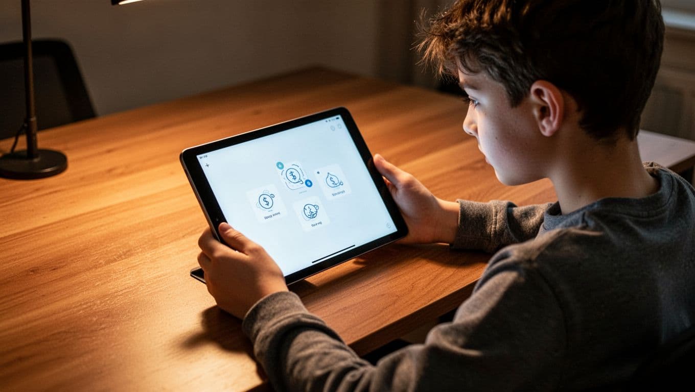 A focused teenager sits at a clean wooden desk, interacting with a digital tablet screen. Warm ambient lighting highlights their concentrated expression while the soft, blurred background emphasizes the device interface.