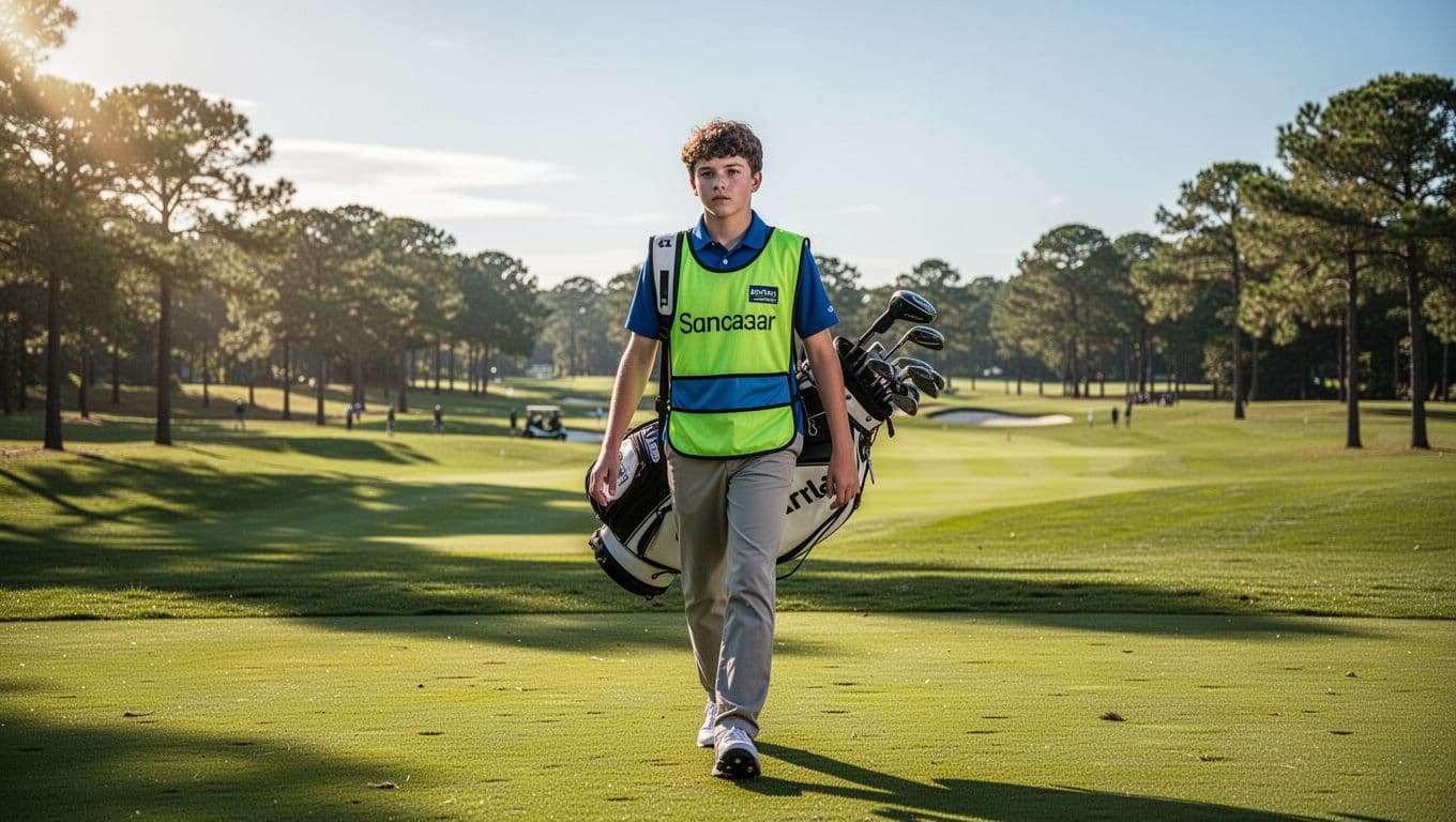 A young golf caddy in a white bib walks across a manicured fairway under bright sunlight. He carries a heavy, professional golf bag filled with clubs while navigating the grassy terrain.