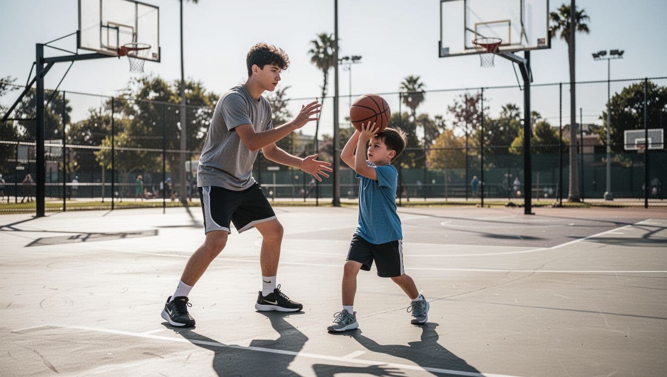 A focused teenager stands behind a young child on an outdoor court, guiding their shooting form. Golden sunlight illuminates their figures against a blurred background during an active training session.