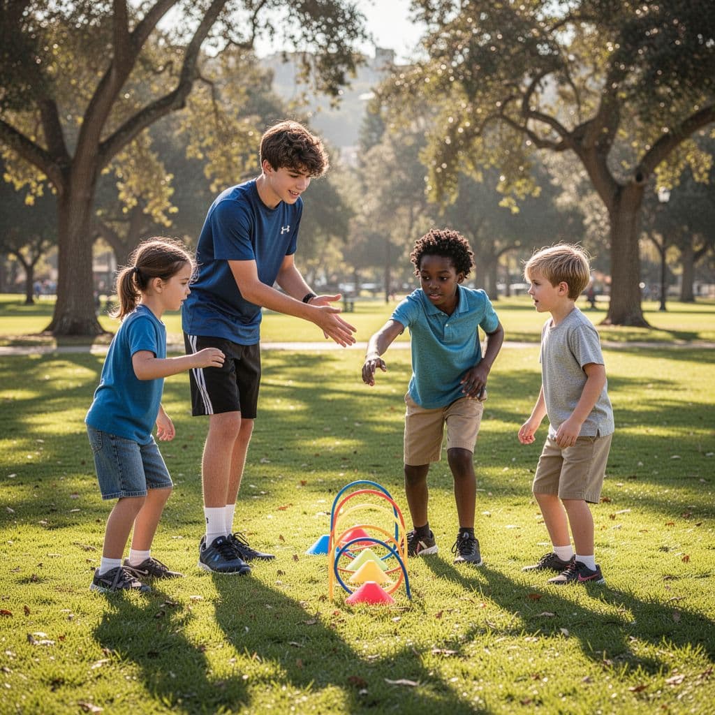 A focused teenager stands on a green grass field, gesturing toward two young children in a park. Dramatic golden sunlight highlights the group, creating sharp silhouettes and deep shadows during practice.