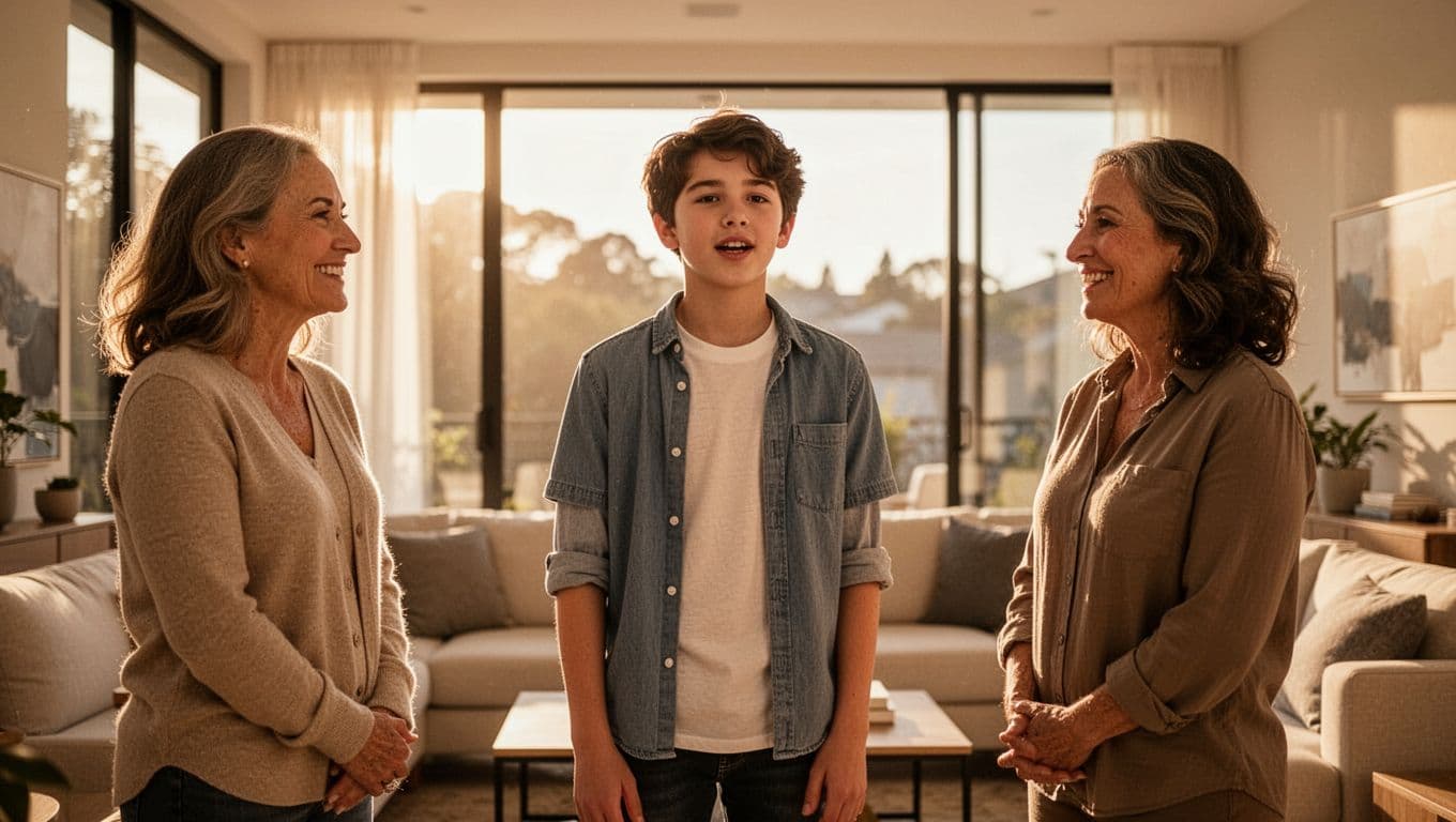 A confident teenager stands in a bright, modern living room while speaking to parents. The adults listen attentively with smiles, creating an atmosphere of trust and open communication between them.