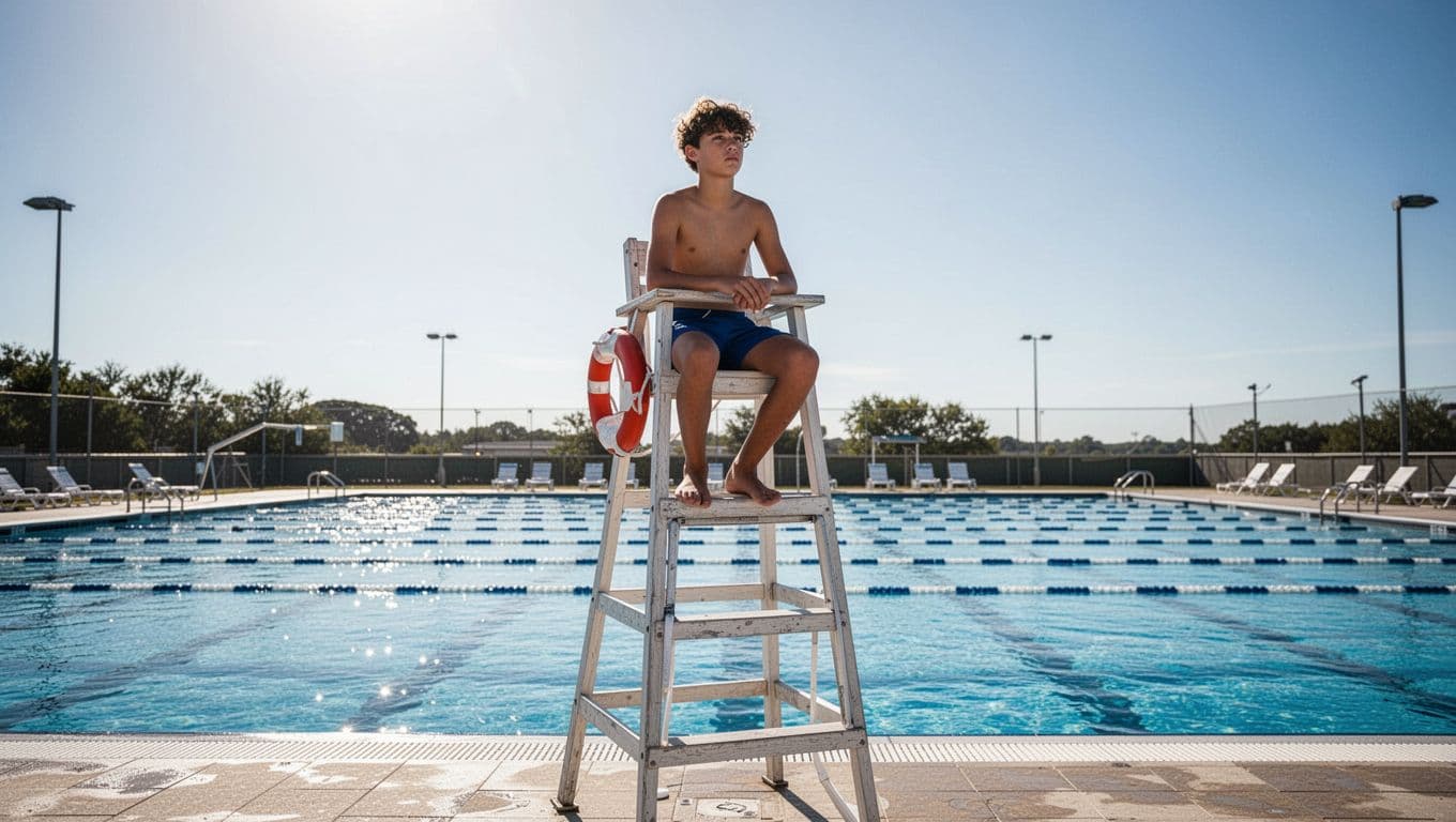 A focused teenager sits atop a tall white lifeguard chair, surveying the shimmering blue water of an outdoor swimming pool on a clear, sunny day. The scene emphasizes professional vigilance.