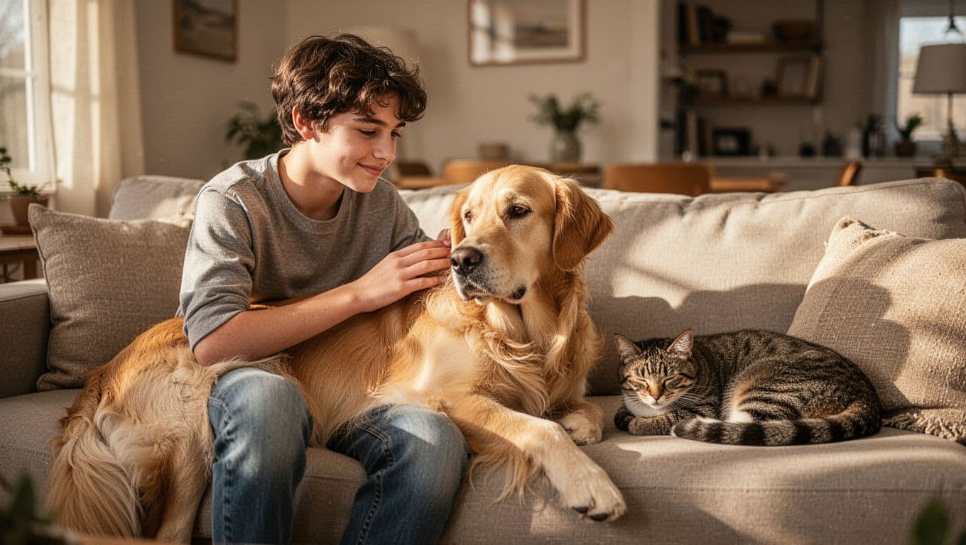 A smiling teenager sits on a plush living room couch gently stroking a golden retriever. A tabby cat naps peacefully on the cushion nearby, surrounded by soft, warm golden hour lighting.
