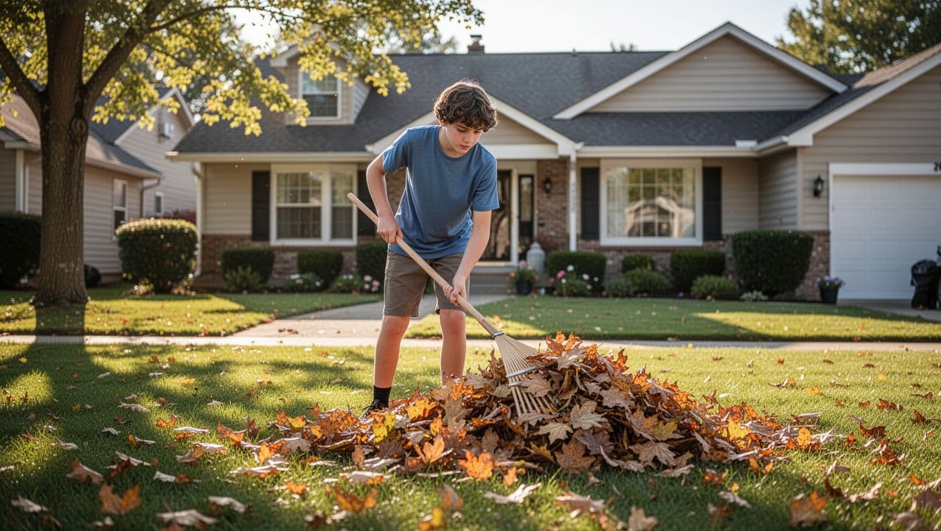 A focused teenager rakes golden fallen leaves into a large pile on a suburban lawn. Dramatic sunlight highlights the textures of the grass and foliage during a productive weekend project.