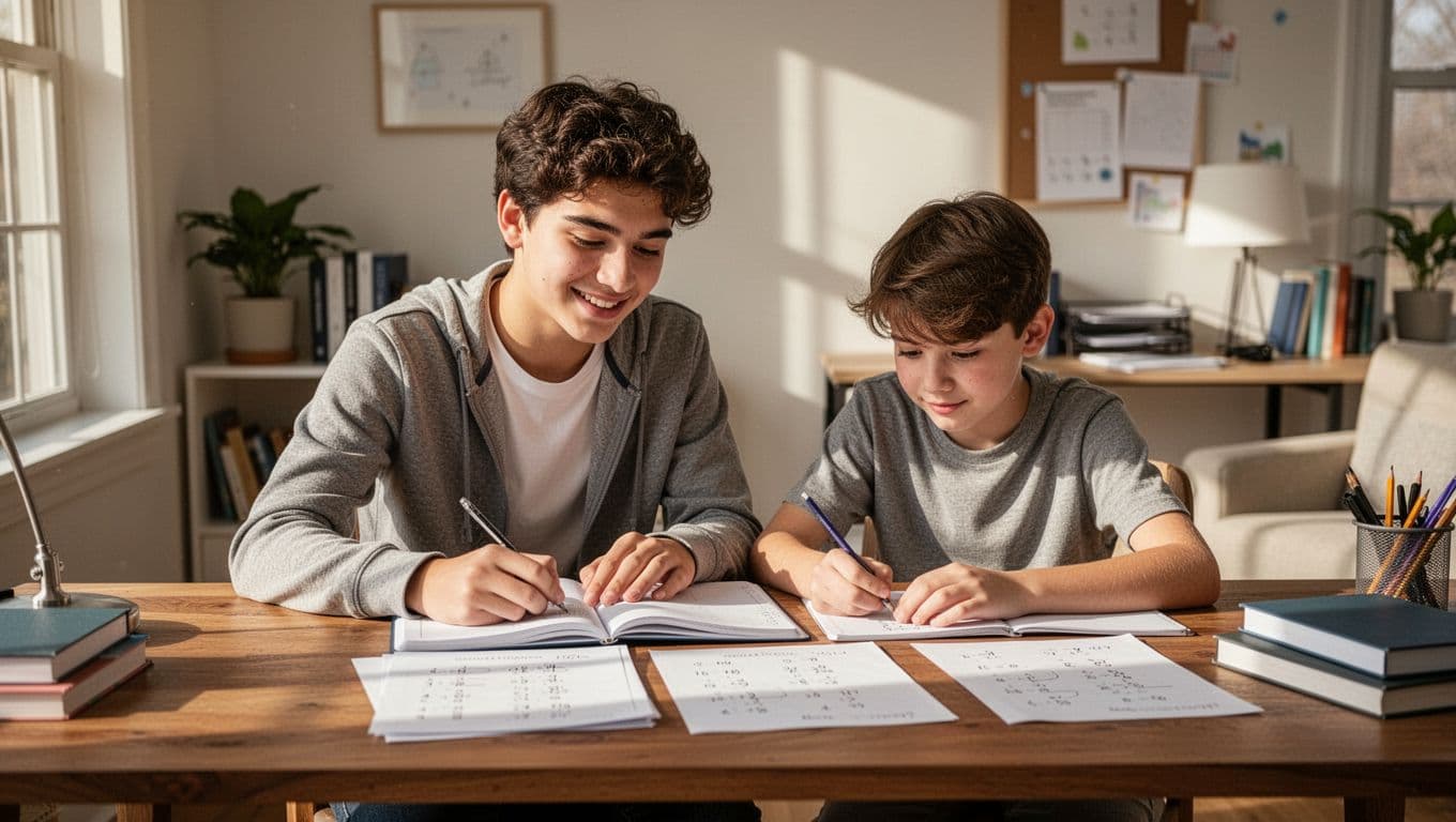 A patient teenager helps a younger child with math homework at a wooden desk inside a sunlit home office. Open notebooks and worksheets lie between them as they study together.