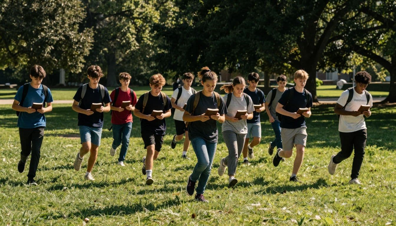 A group of teenagers runs across a lush green park holding small Bibles and looking at clues. Dramatic sunlight highlights their joyful expressions during this active outdoor group learning activity.