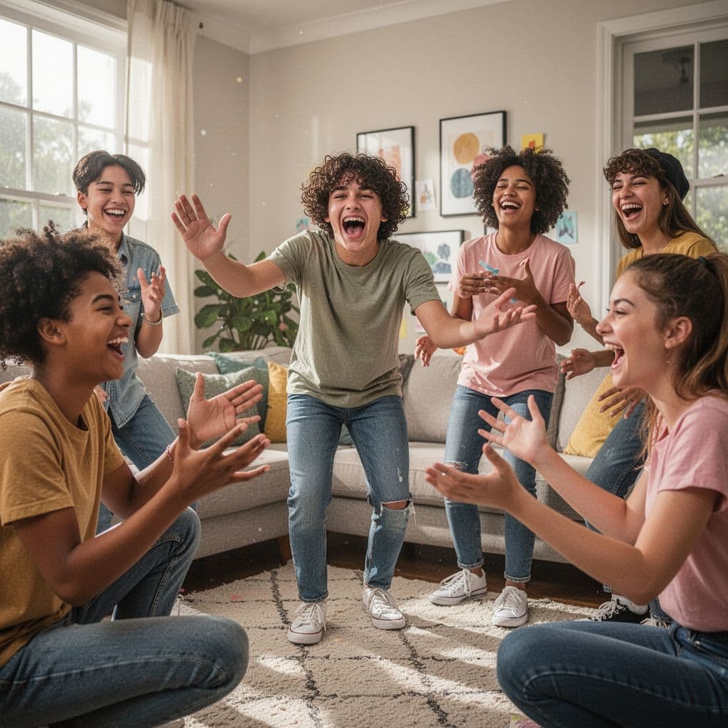 Four diverse teenagers laugh in a bright living room as one acts out a charades clue with gestures.