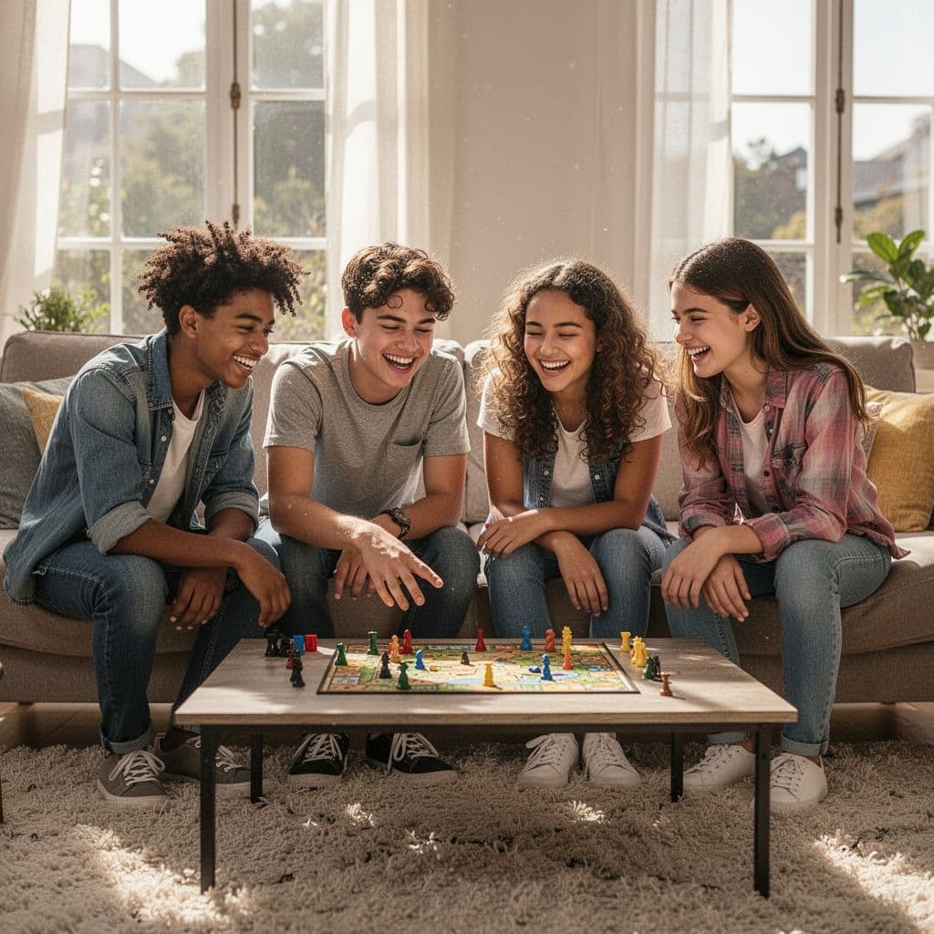 Four diverse teens laugh on couch and floor around central board game in sunlit living room, one pointing.