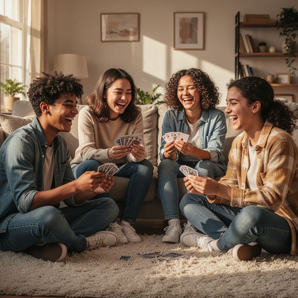 Four diverse teenagers laugh while playing cards on a couch and rug in a bright living room.