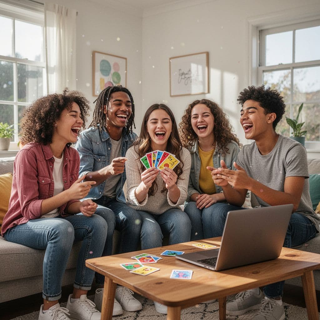 Four diverse teenagers laugh while playing a game in a living room, one holding a game card, laptop on nearby table.