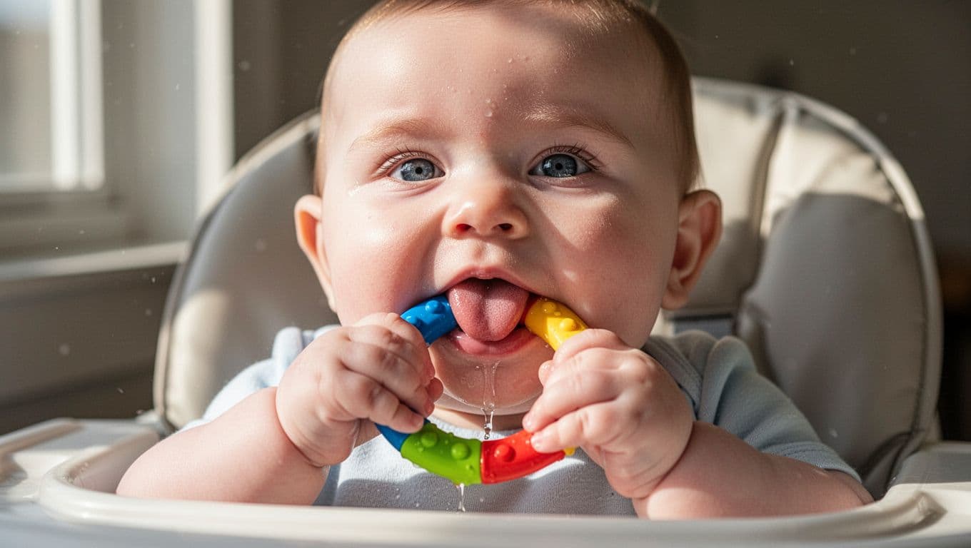 Eight-month-old baby in high chair chews colorful teething ring with excessive drool, tongue out against red swollen gums.