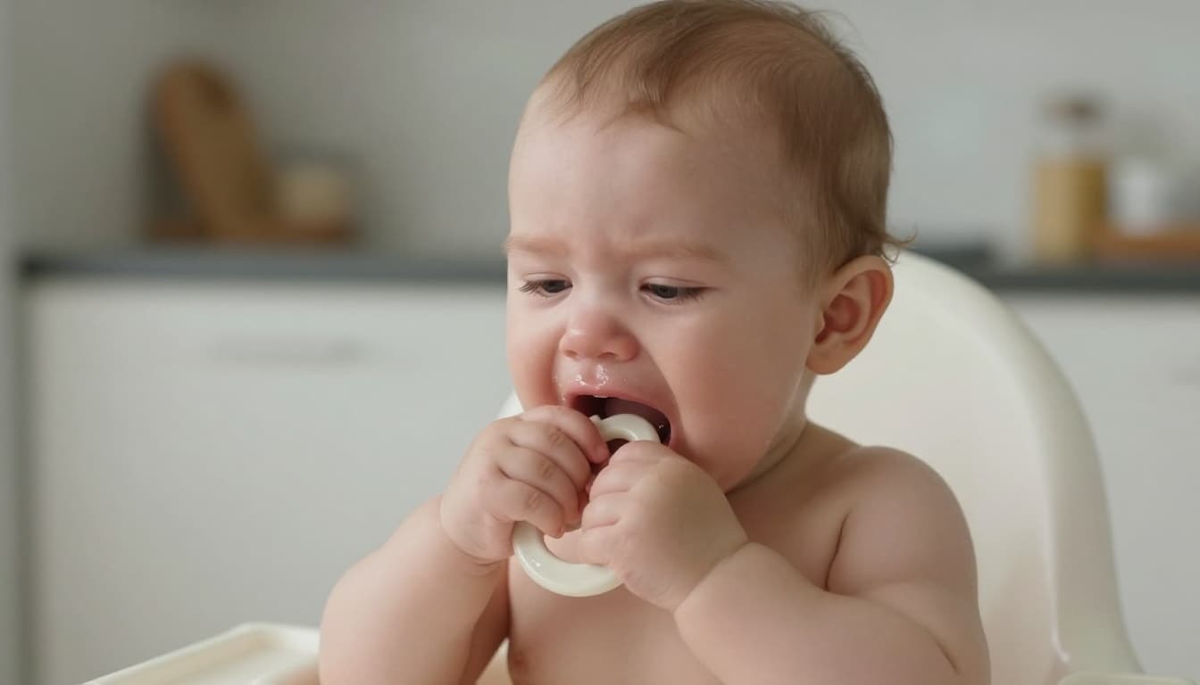 Infant sits in high chair drooling while chewing chilled teething ring with swollen gums visible.