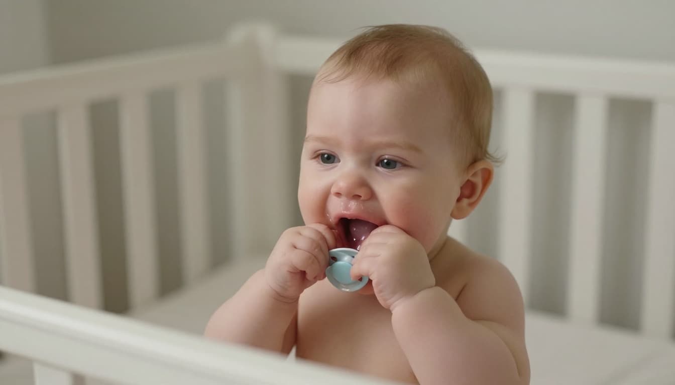 Restless baby with subtle swollen gums drools on pacifier in crib, soft nursery night light.