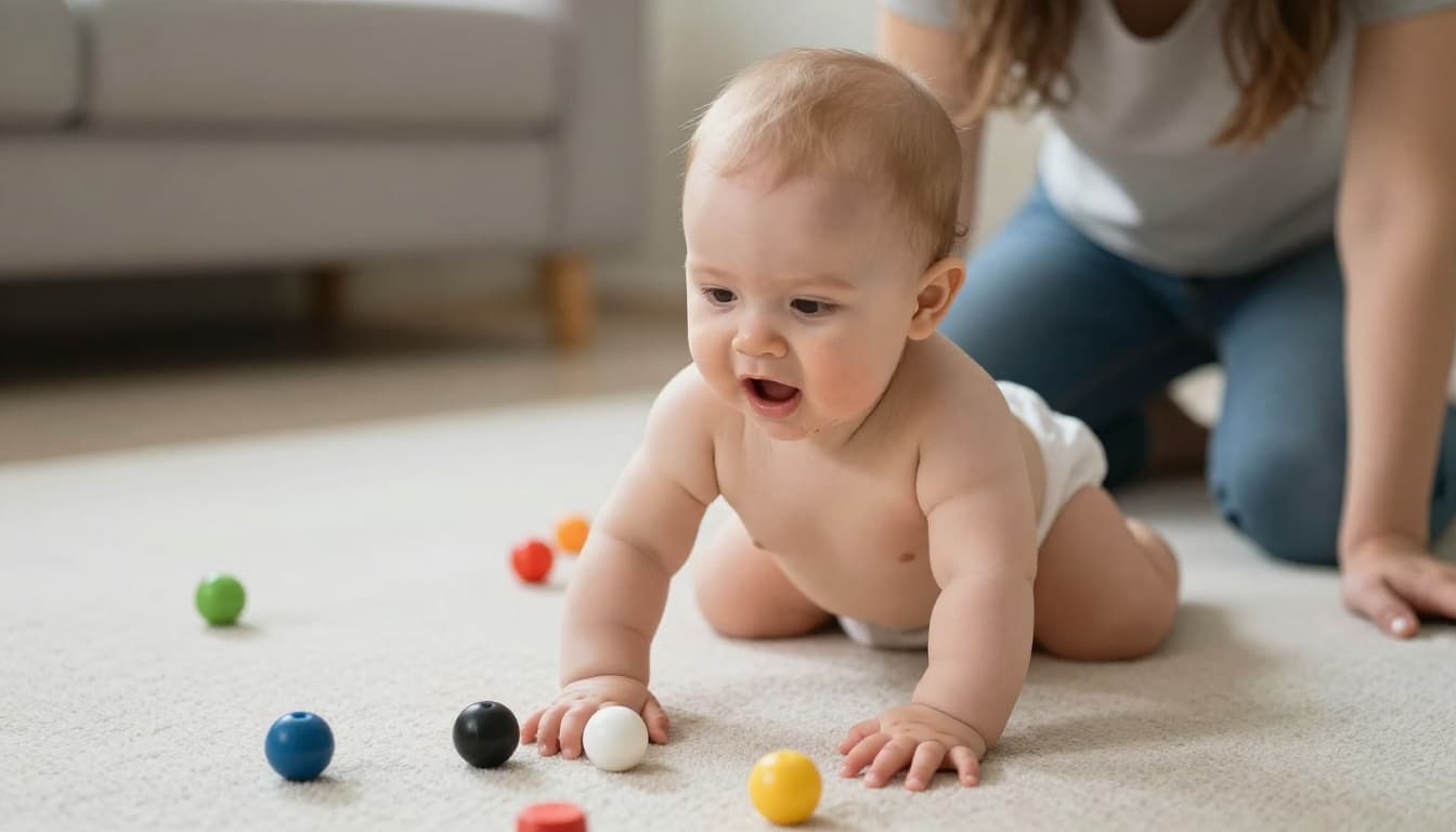 8-month-old baby determinedly sits up on nursery floor amid toys and blocks, looking tired, parent partially visible nearby.