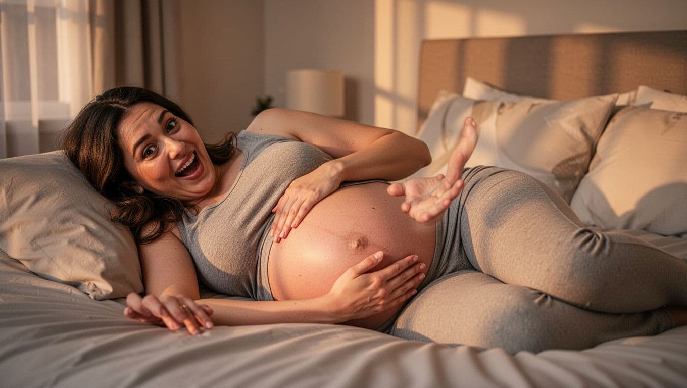 Pregnant woman lies on left side in bed, hand on prominent belly, joyful surprised expression from strong kick.
