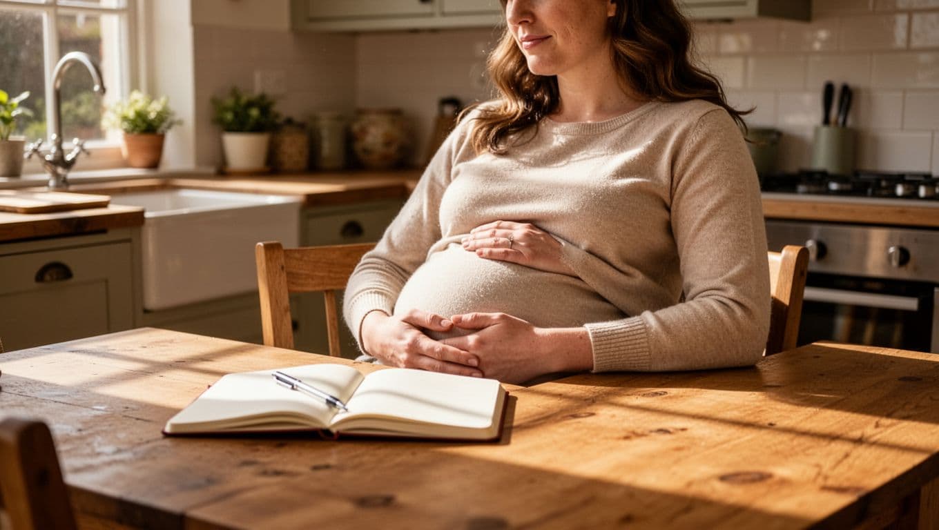 Third-trimester pregnant woman sits at wooden kitchen table with open notebook and pen, hand on belly.
