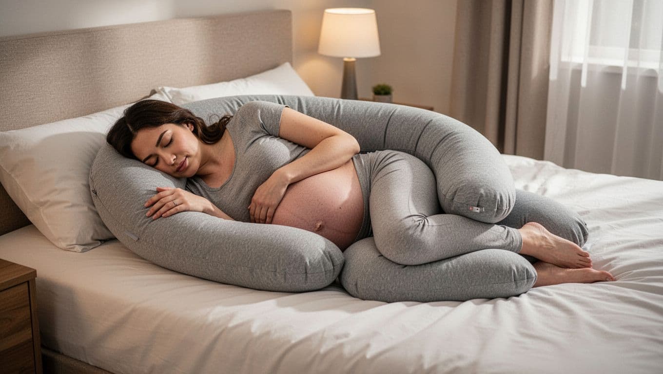 Third-trimester pregnant woman sleeps on left side supported by U-shaped pillow under belly between knees and behind back in dim bedroom.