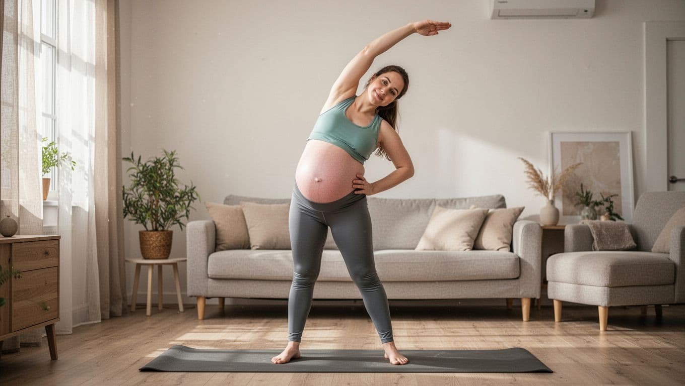 Third-trimester pregnant woman does gentle side stretch prenatal yoga pose in living room on yoga mat.