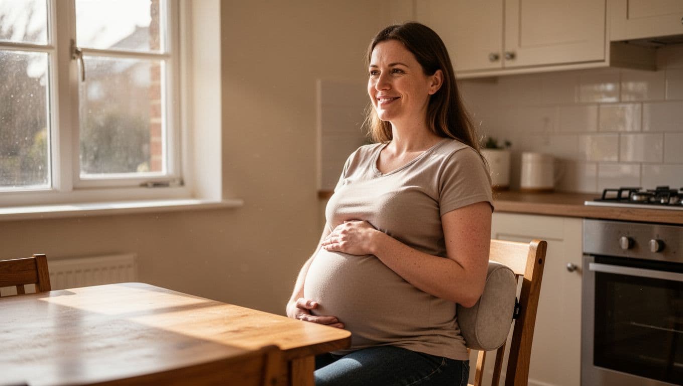 Third-trimester pregnant woman sits upright at kitchen table with lumbar pillow behind back, hand on belly, relaxed smile in morning light.