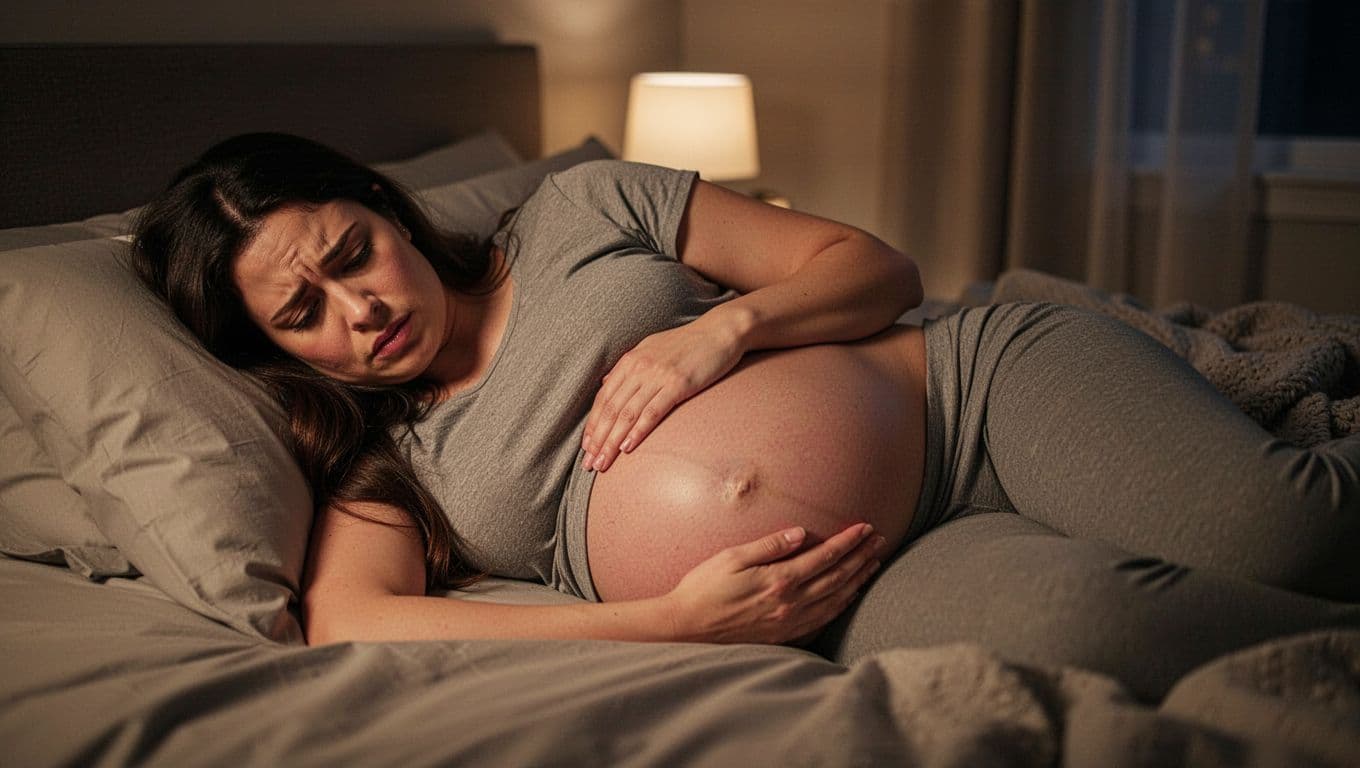 Third-trimester pregnant woman lies on left side on bed, hand on prominent belly, subtle concerned expression looking down.