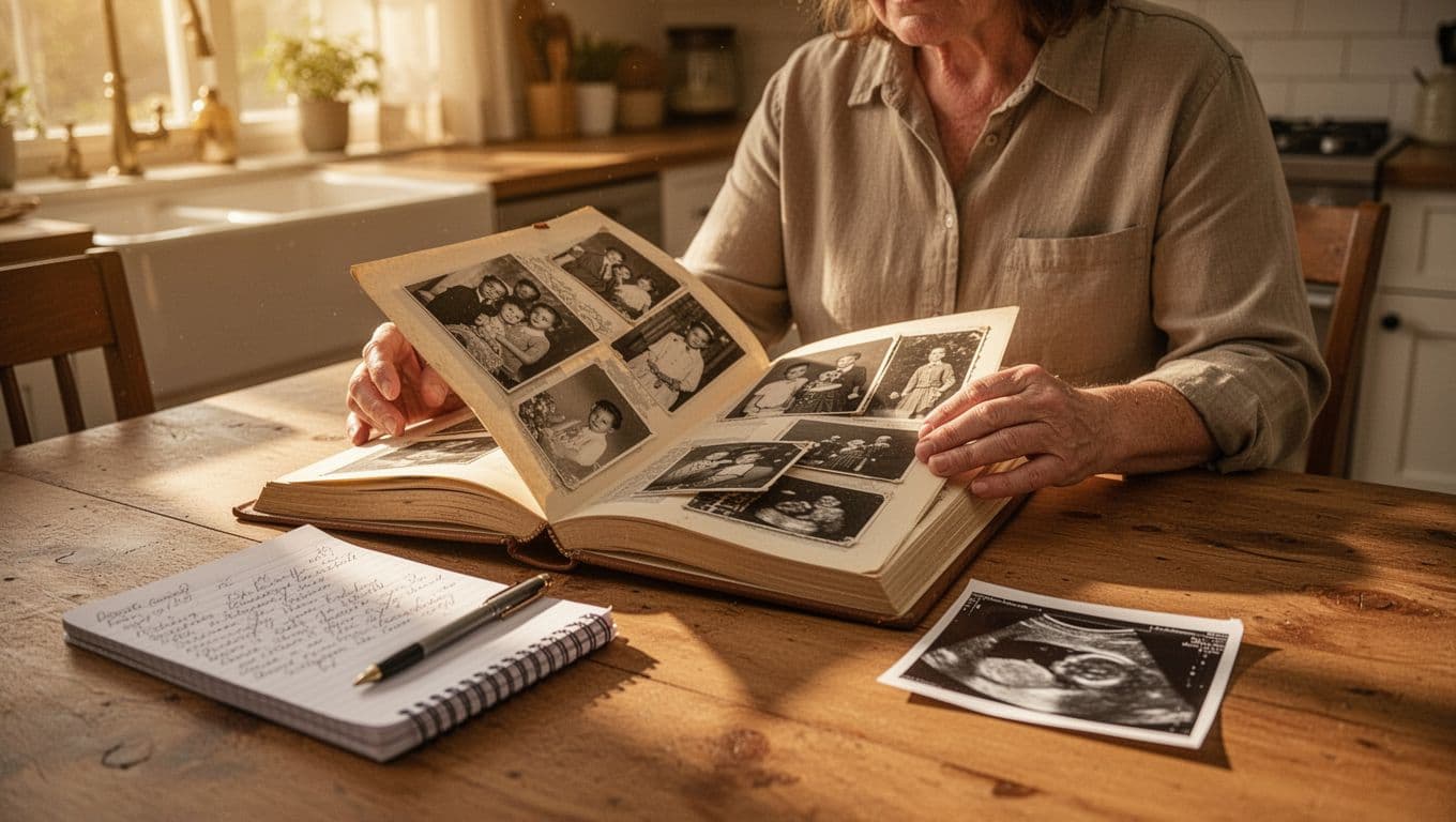 In a warm family kitchen bathed in soft golden afternoon sunlight, a single parent sits at a wooden table, thoughtfully reviewing an open photo album filled with black-and-white ancestry photos, with an open notebook of handwritten baby names and a nearby ultrasound photo.