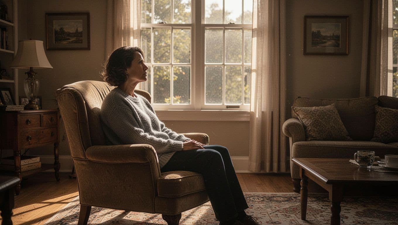 A parent sits in a plush armchair bathed in warm golden light from a nearby window. They look deeply pensive while resting in a cozy, sun-drenched living room space during afternoon hours.