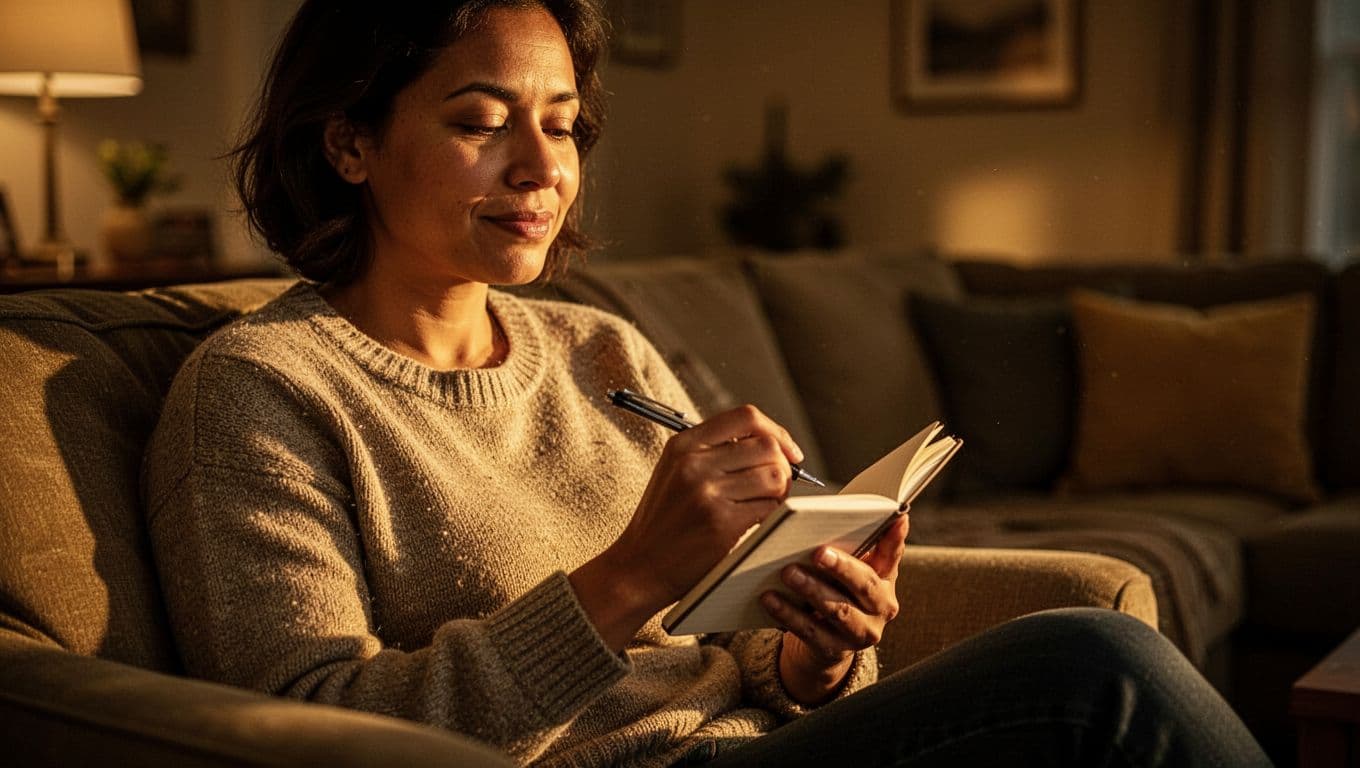 A thoughtful parent sits in a cozy, dimly lit room while holding a pen and paper list. The warm golden glow illuminates their focused expression as they consider potential baby names.